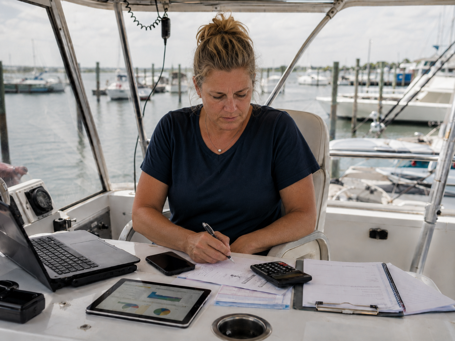 Woman working on the bridge of a boat