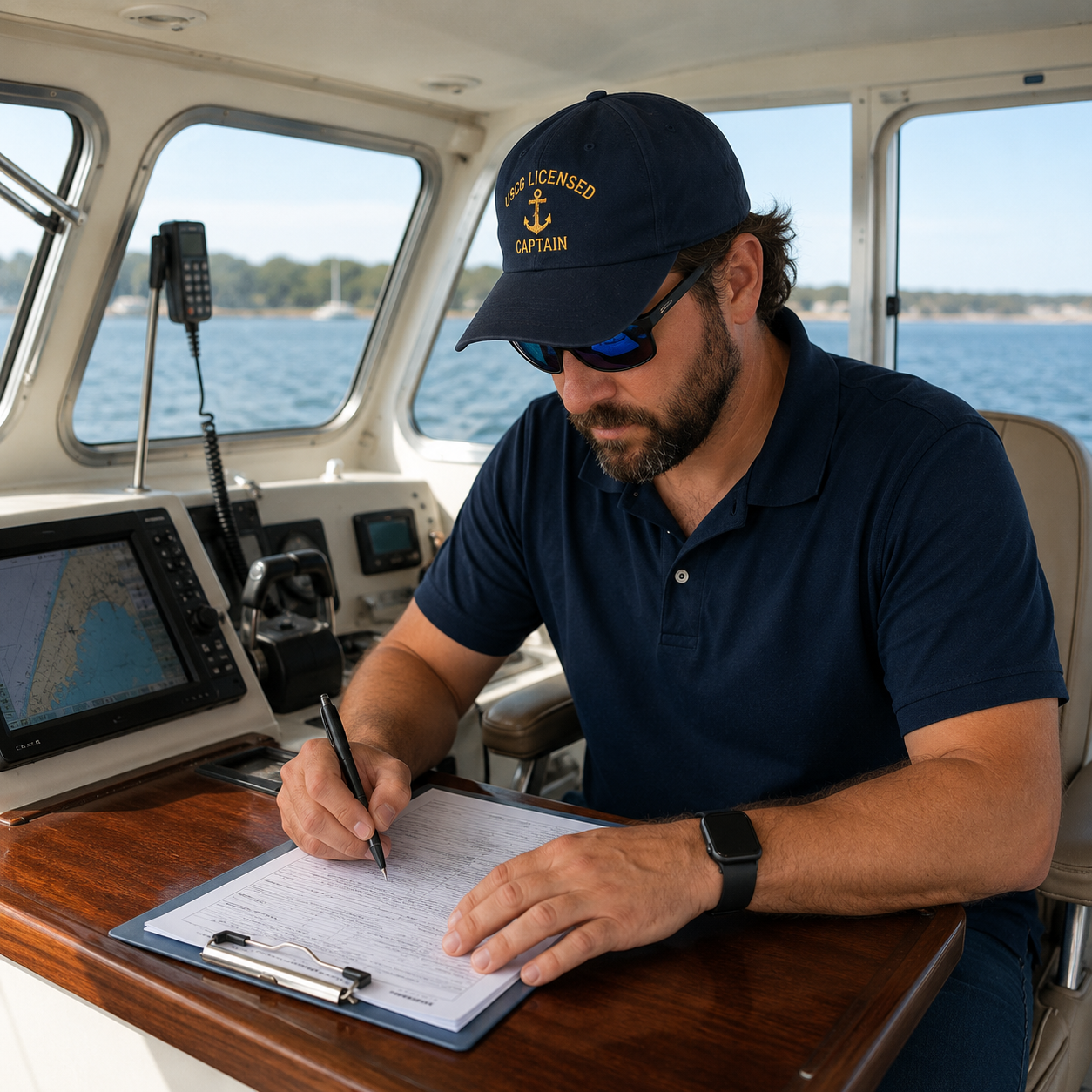 Man with clip board on boat image