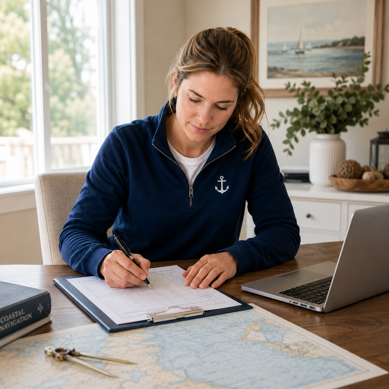 Woman at desk with clip board and chart image