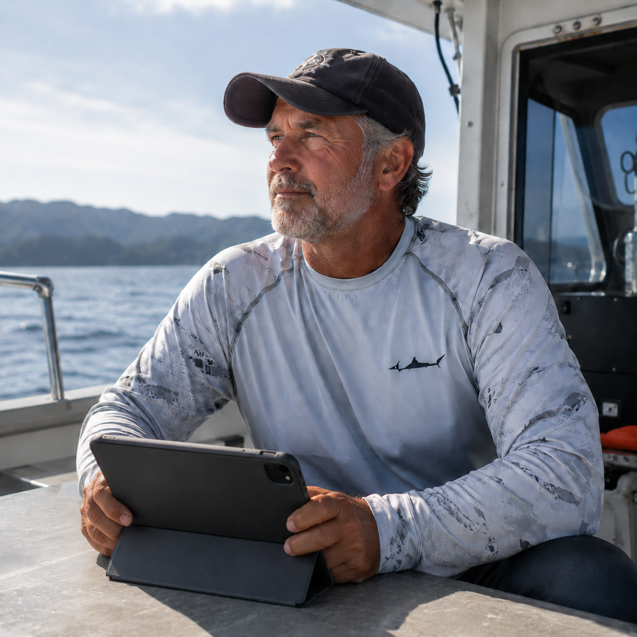 Man with tbet on boat