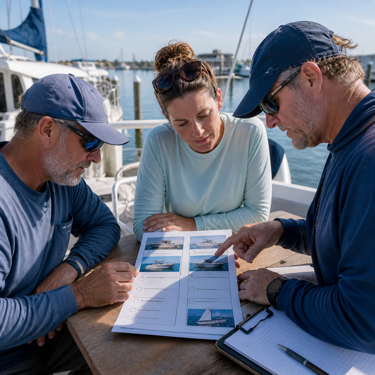 3 People looking at a boat catalog image