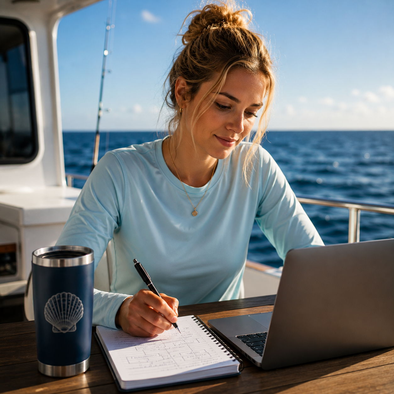 Woman on boat with lap top taking notes image