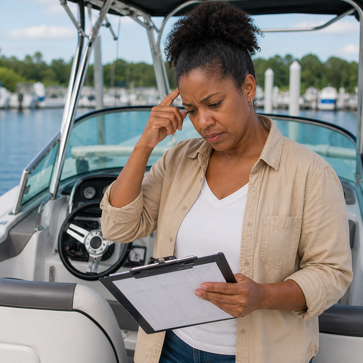 Woman on a boat with a clip board image