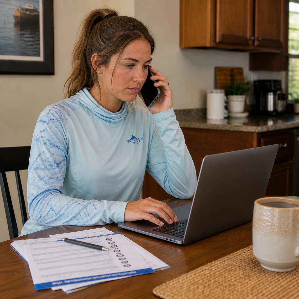 Woman on phone with lap top image