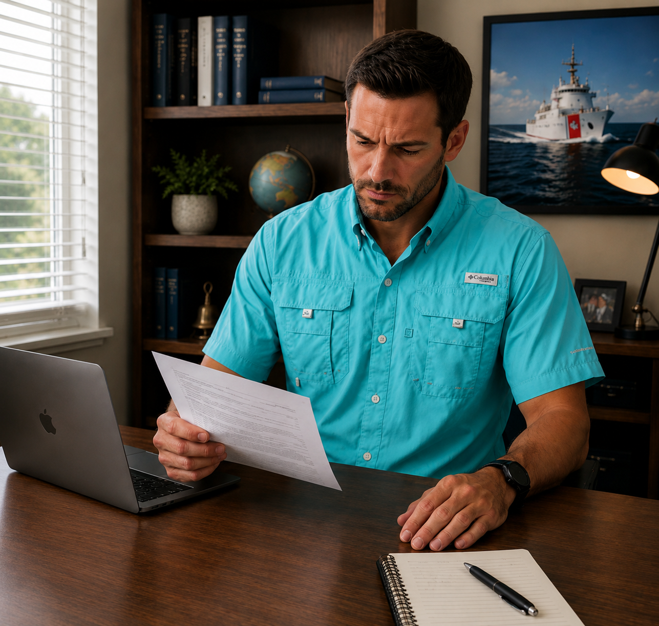 Man at desk reading a paper image