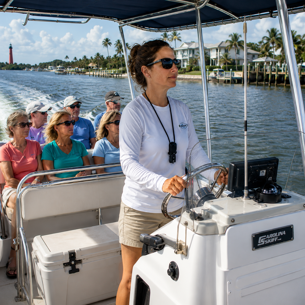 Woman driving a pleasure boat with passengers image