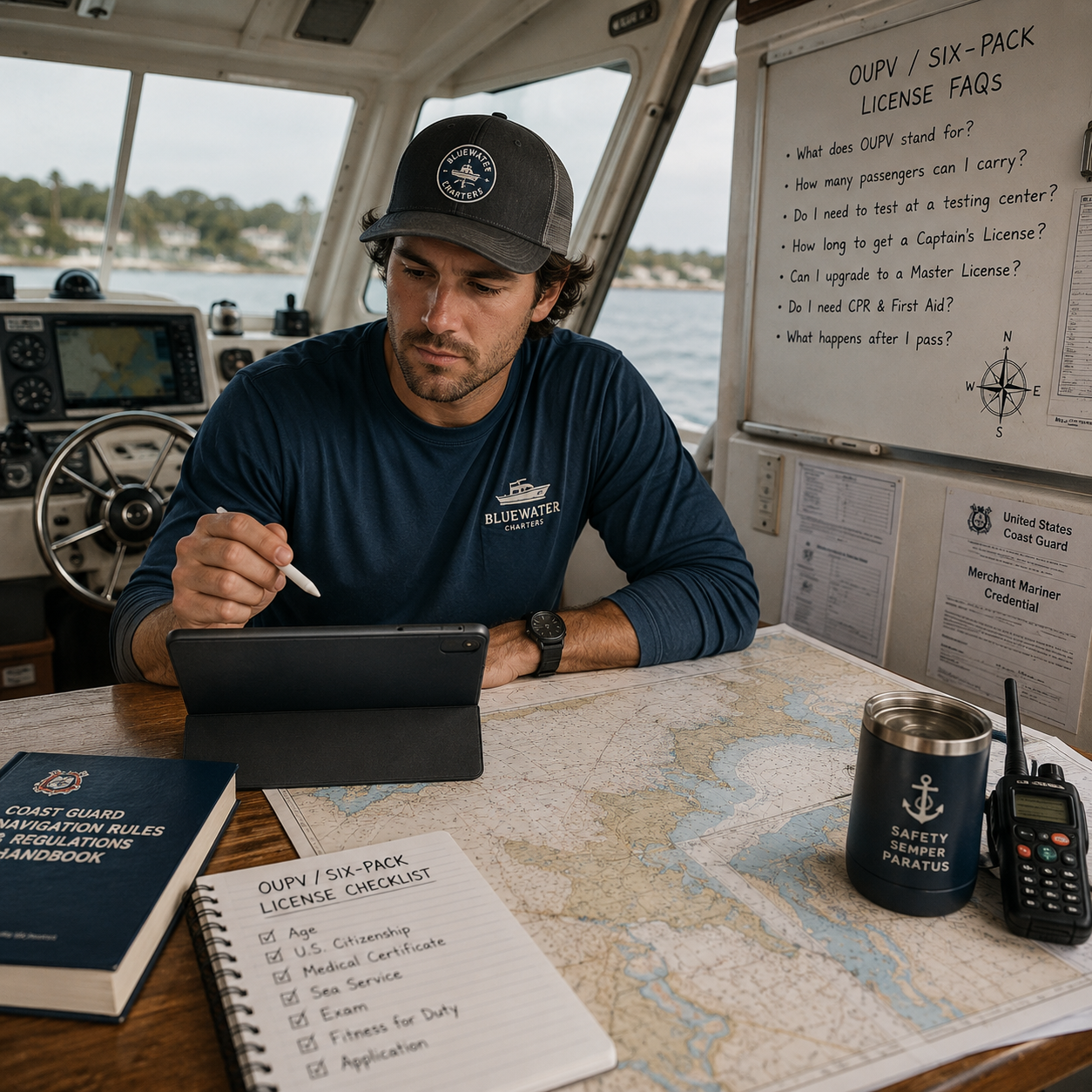 Man on boat working with chart and ipad image