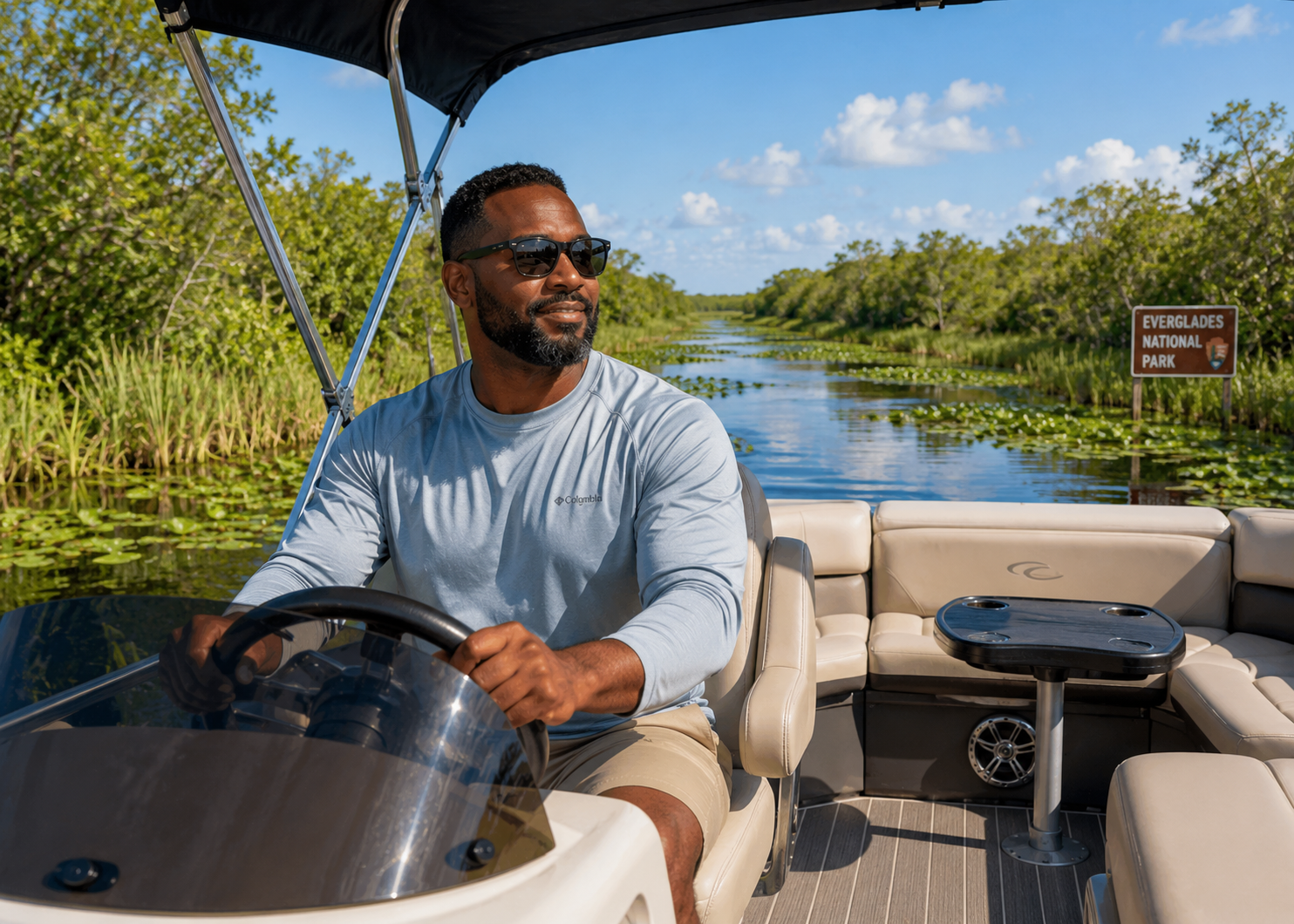 Man on boat in Florida everglades