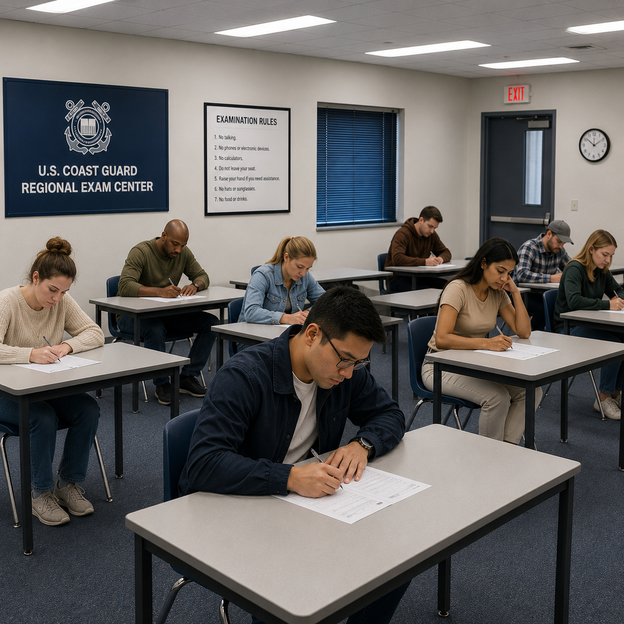 Students in USCG exam room image