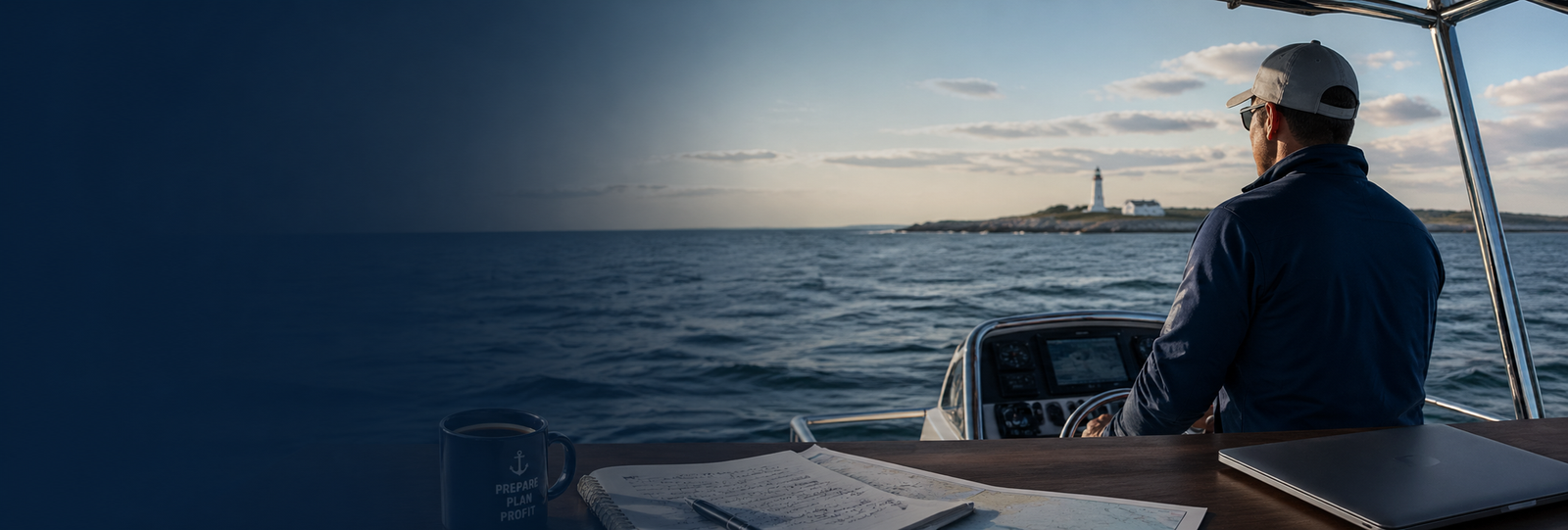 Man driving boat into distance banner image
