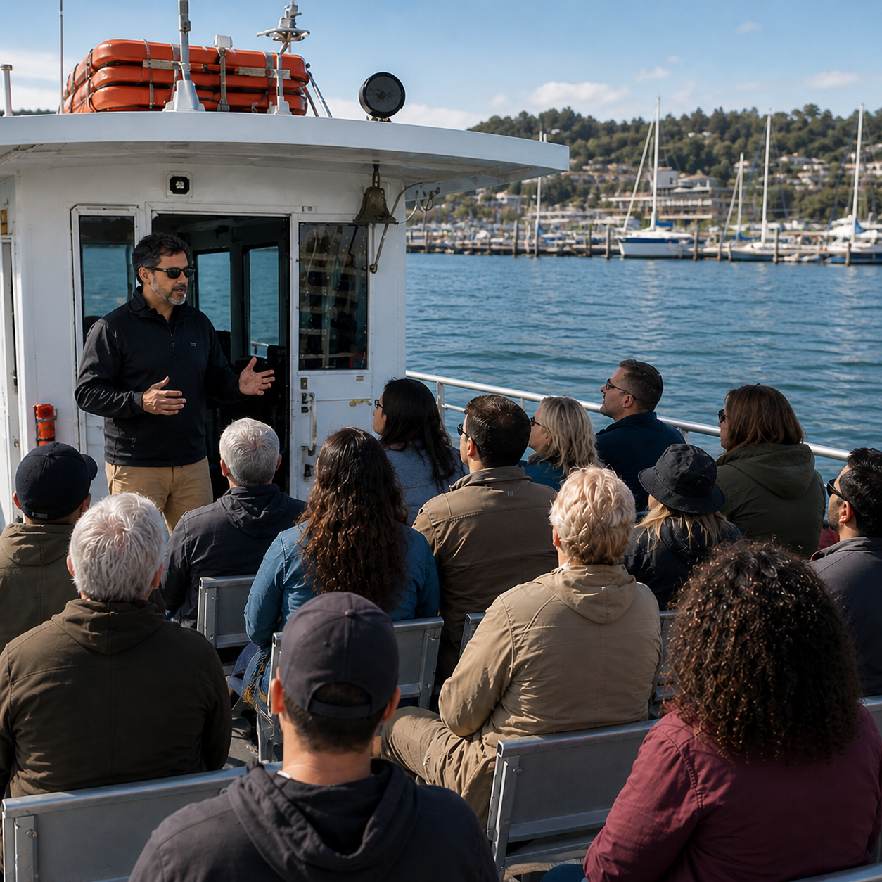 Man talking to people on a ferry image