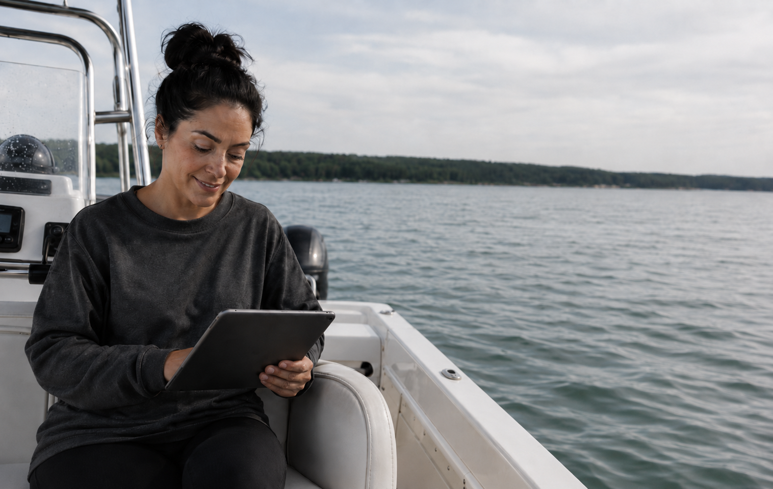 Woman on boat with ipad