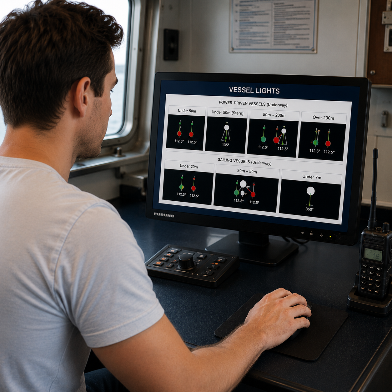 Man o computer looking at vessel lights image