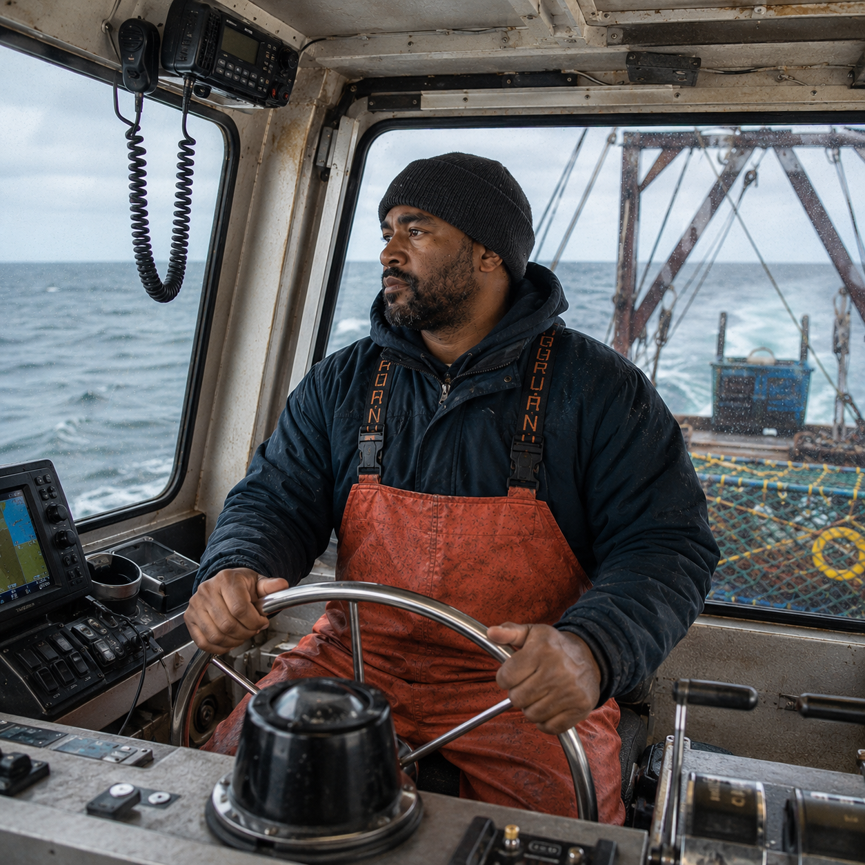 Man driving a commercial vessel image