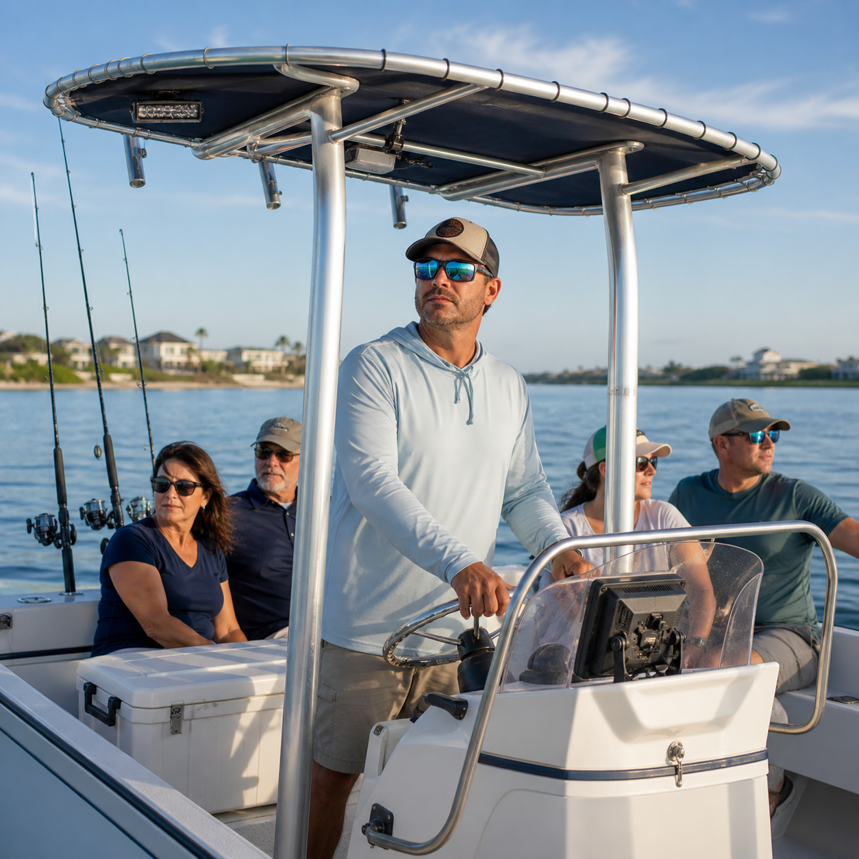 Man drivng a boat with passengers image