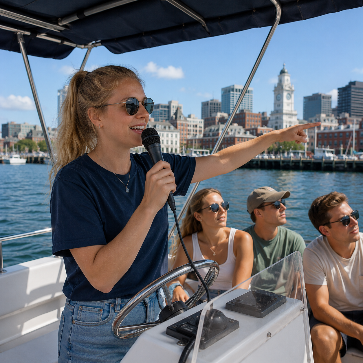 Woman on boat with microphone image
