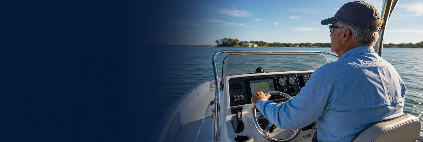 Older man driving boat banner mage