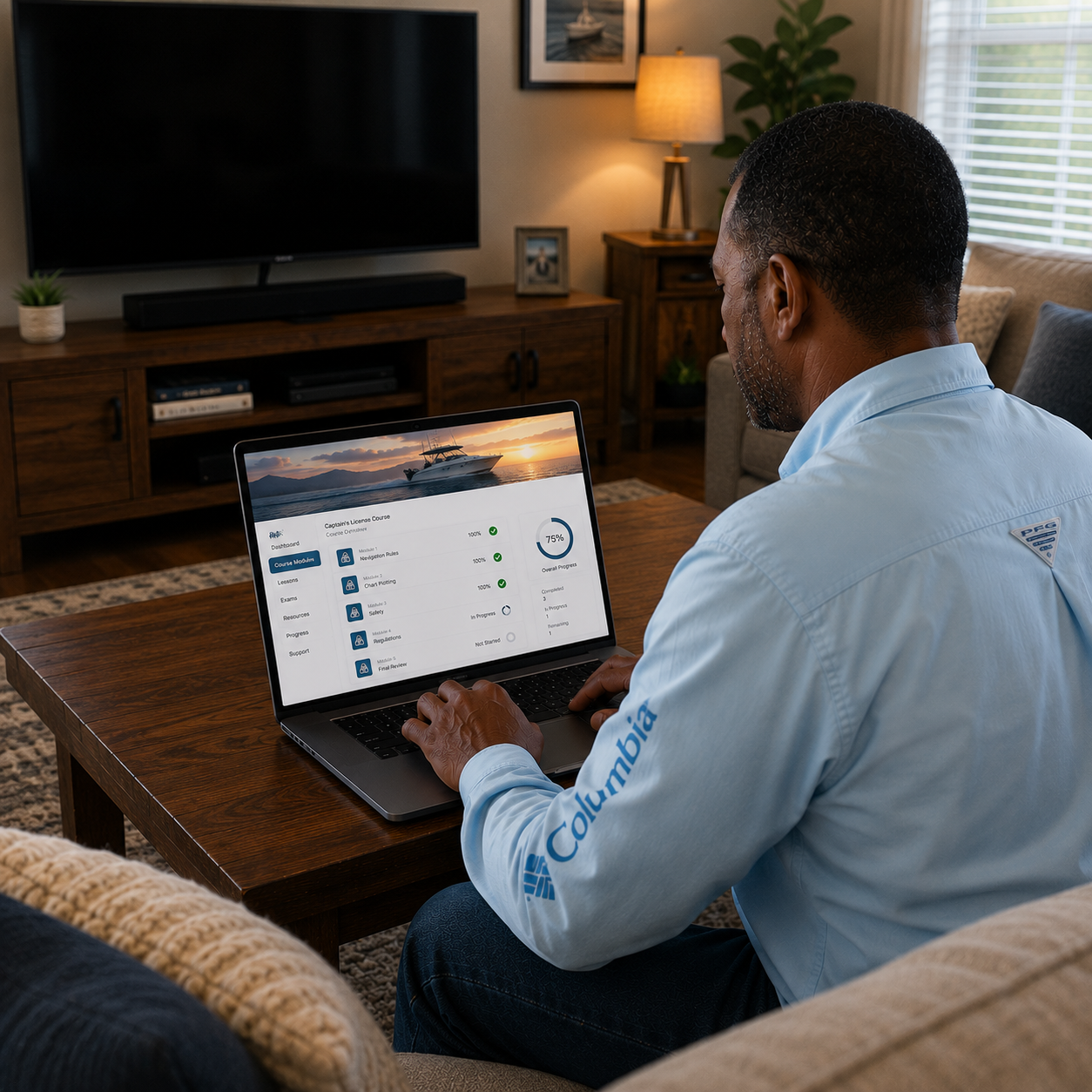 Man in livingroom working on lap top image
