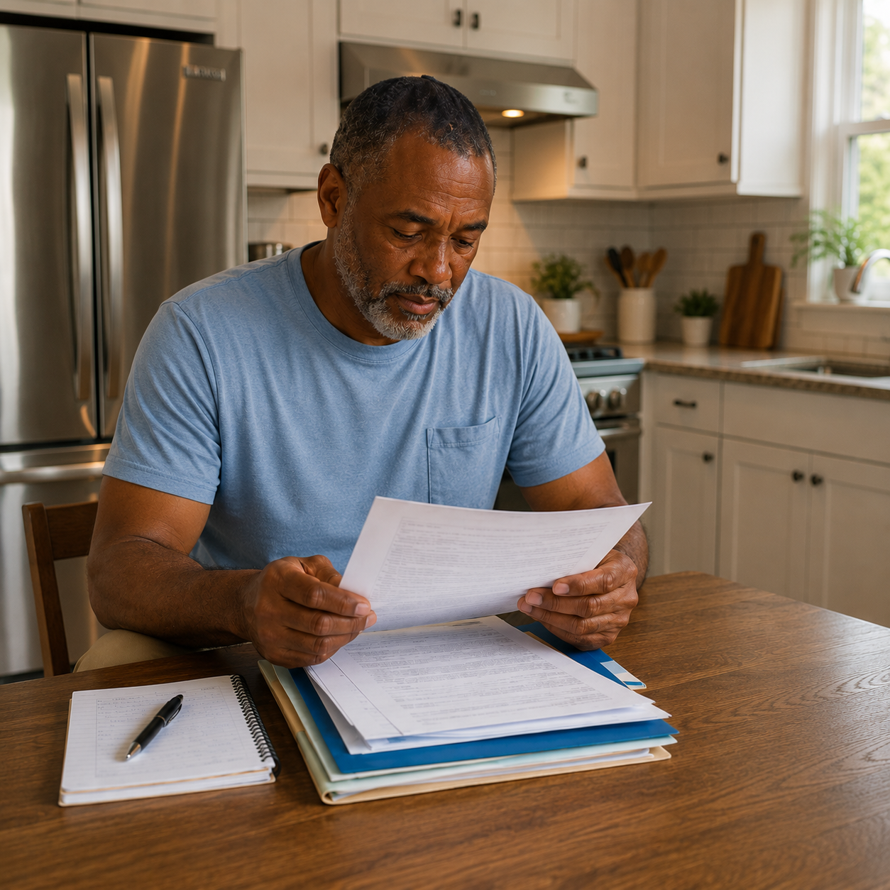 Man at table with aper work image
