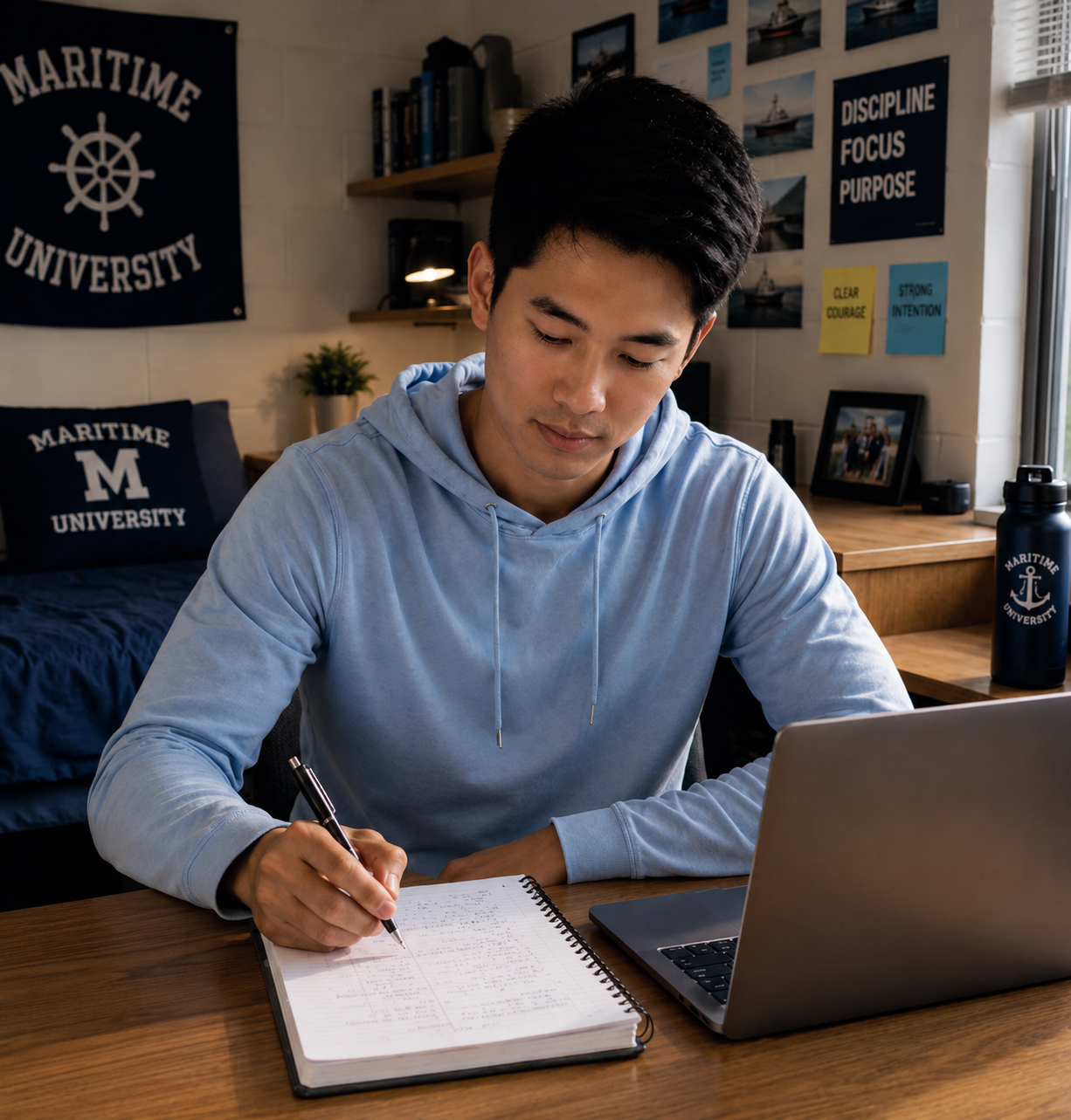 Young man working on laptop on note pad image