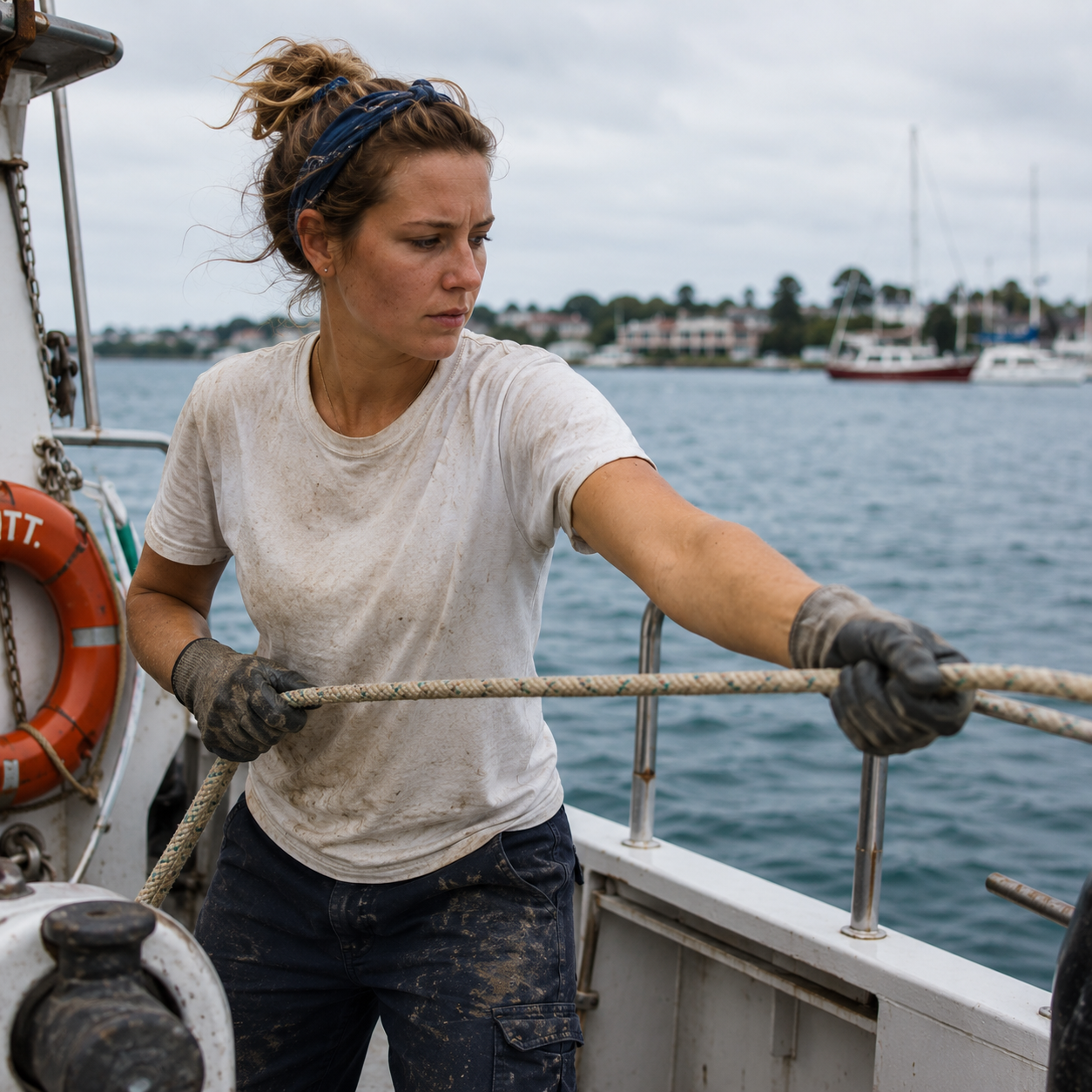Woman working on a boat image