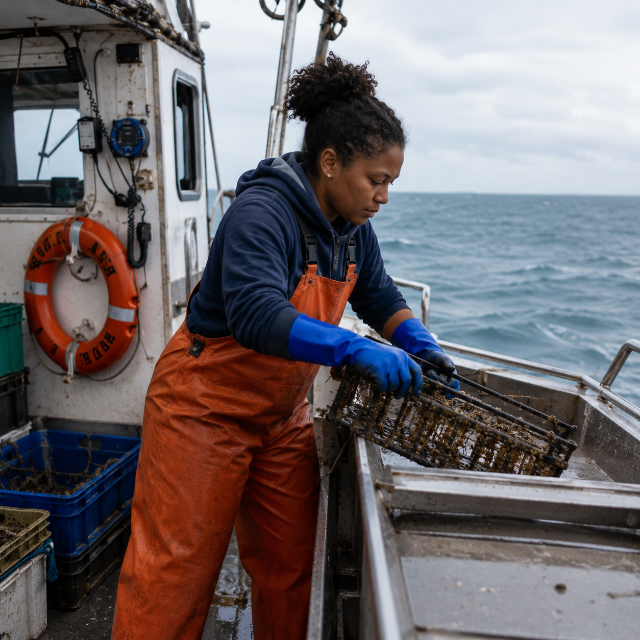 Woman working on fishing vessel image
