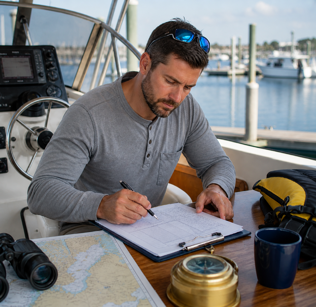 Man on boat working on a clip board image