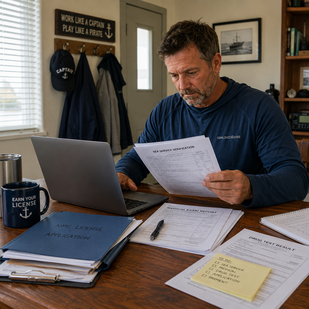 Man working on paper work and lap top image