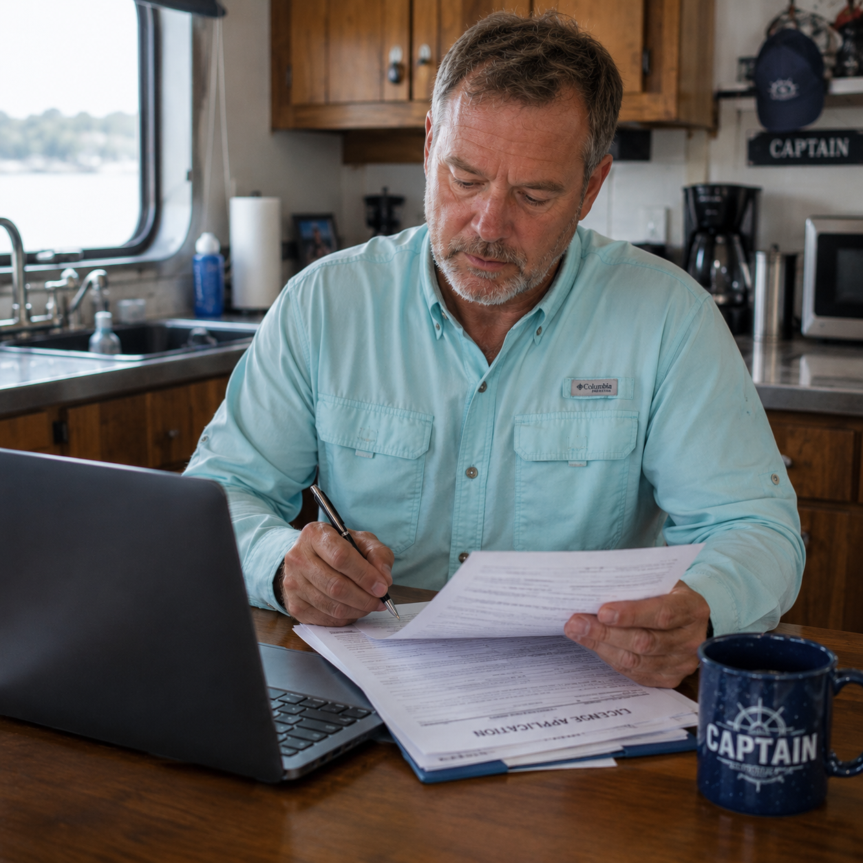 Man working on lap top and paper work image