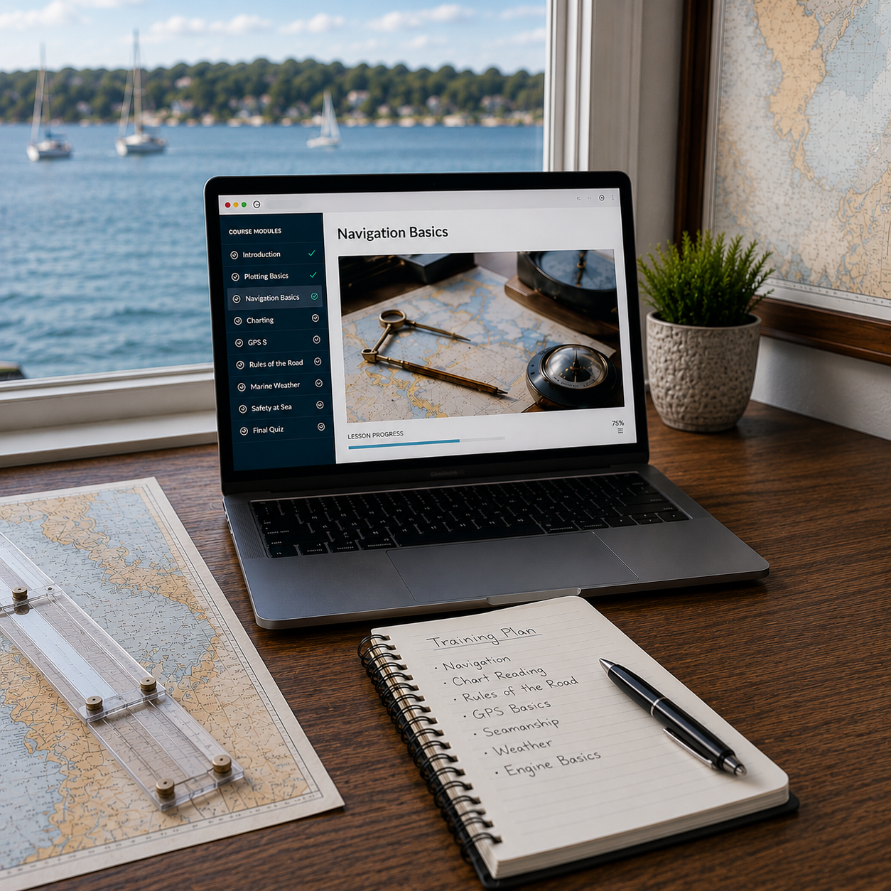 Open lap top and note pad on desk image