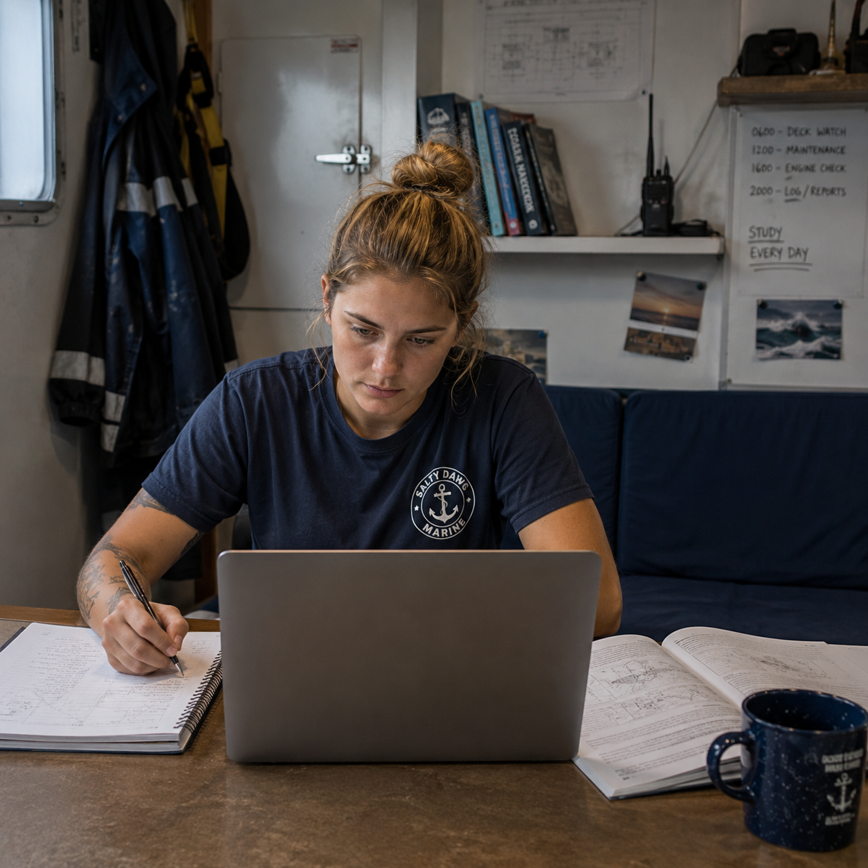 Woman doing paper work with lap top image