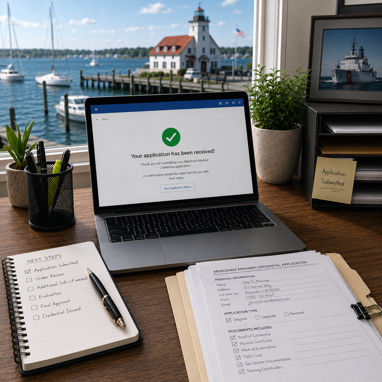 Open lap top with note pad and files image