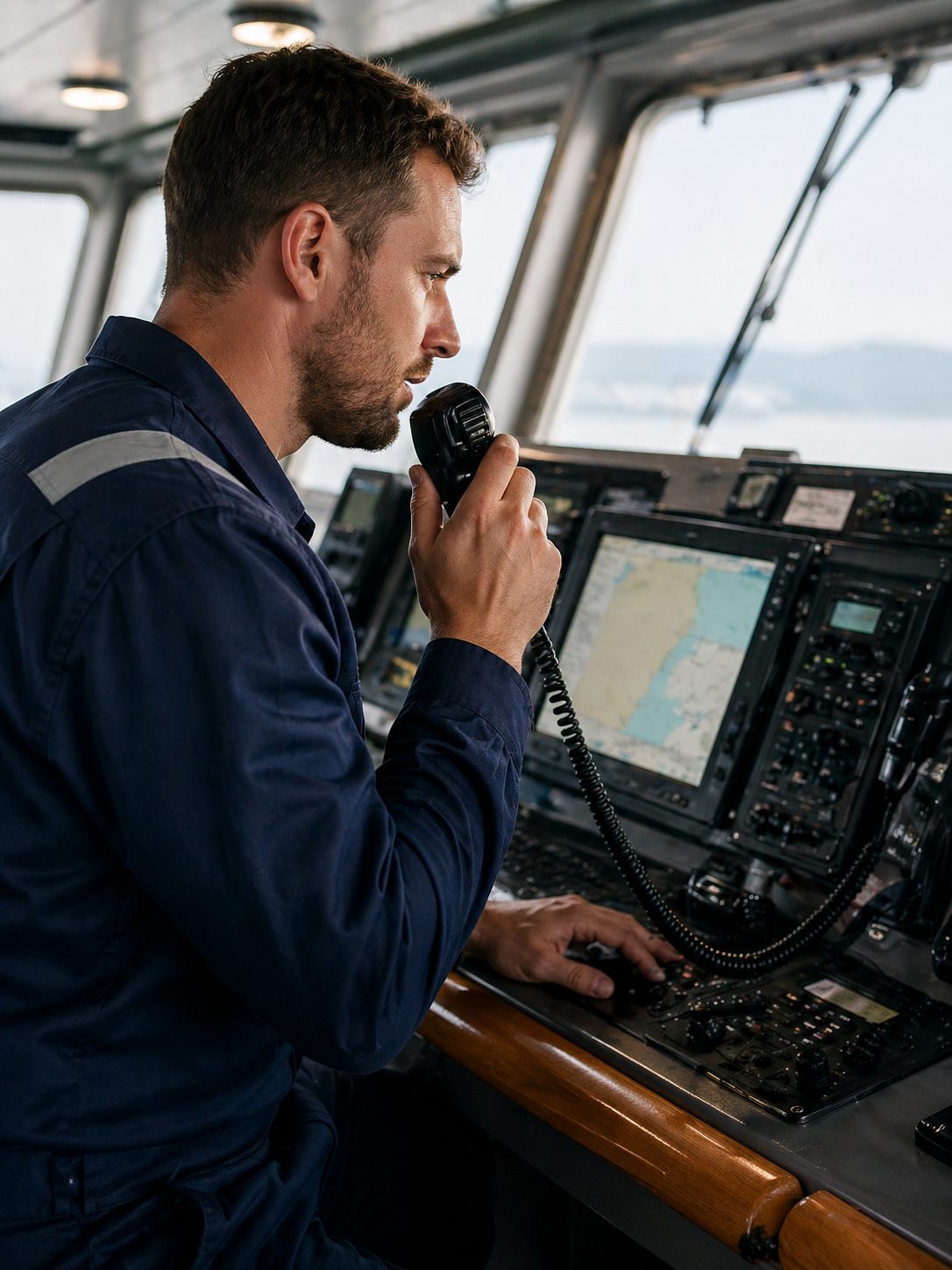 Man on radio on a ship image