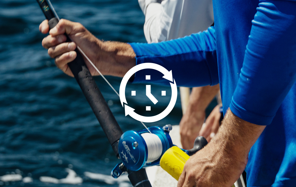 man holding fishing pole with clock icon in front
