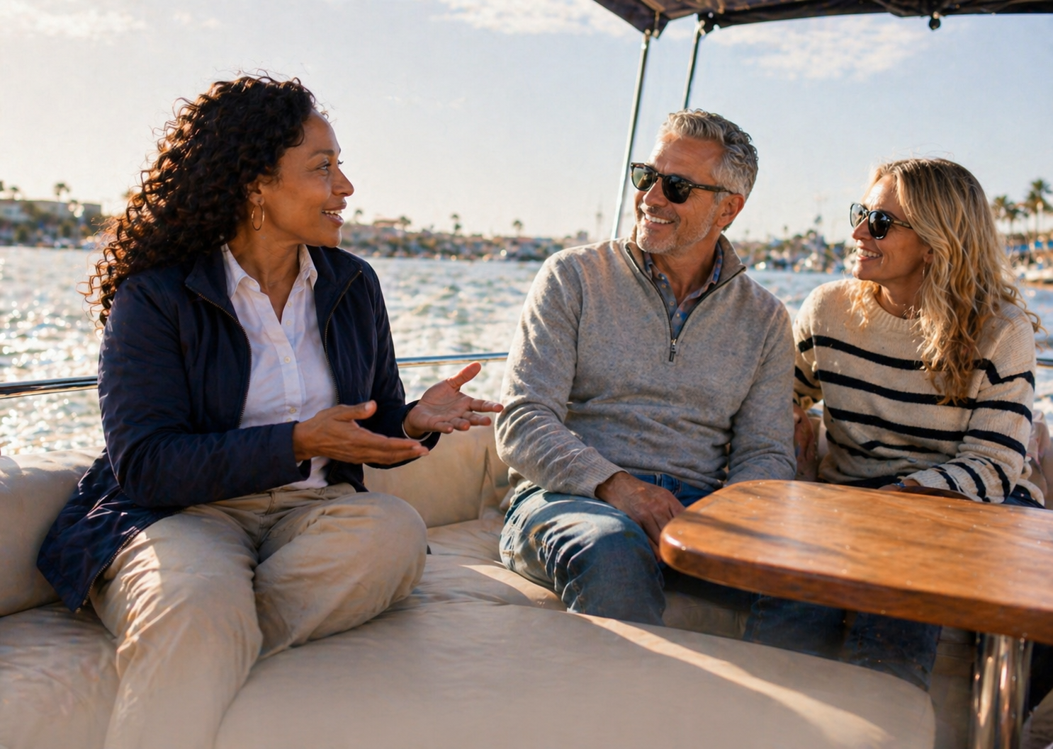 Woman talking to a coulple on a boat image