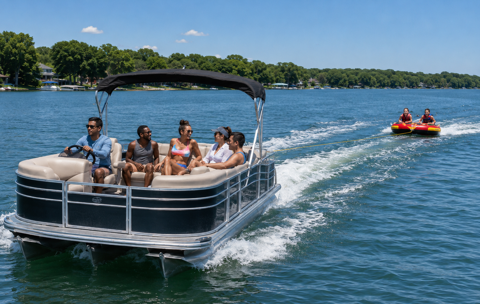 Plontoon boat on lake with family
