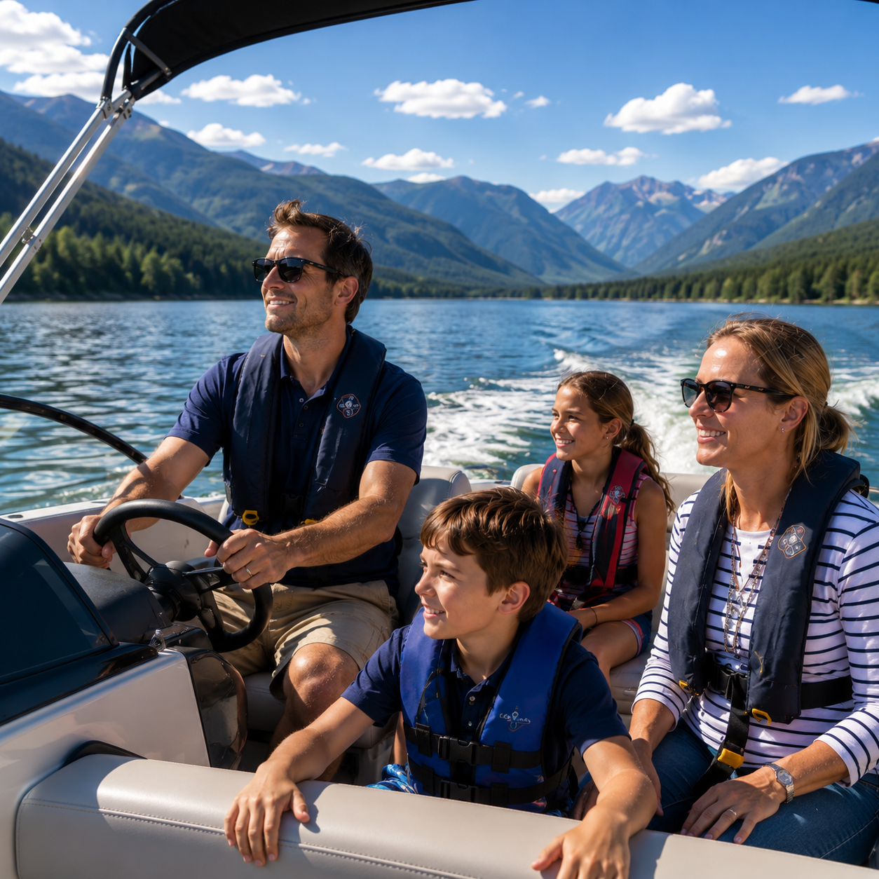 Family on a lake mountain background