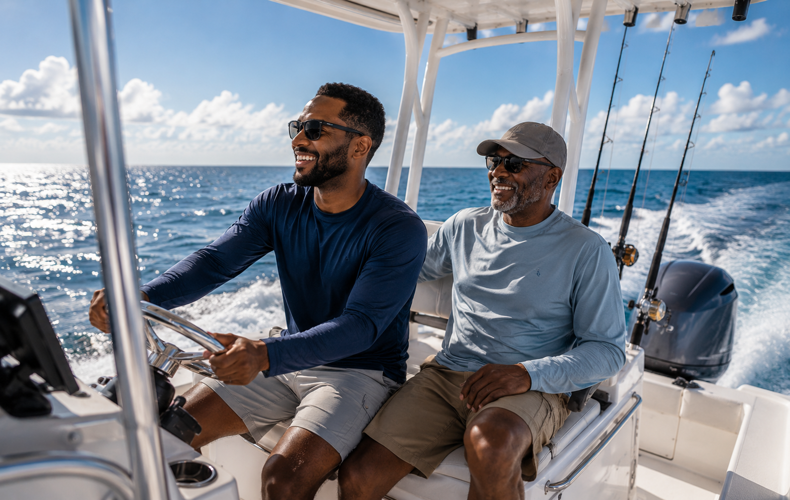 Father and son on boat