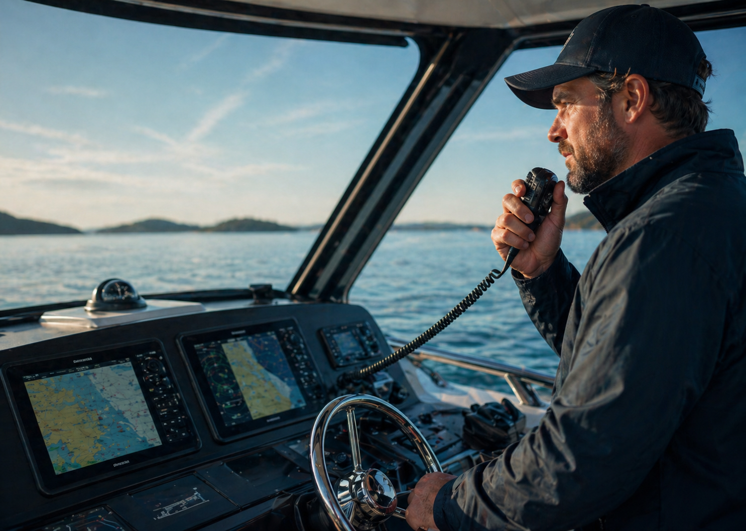 Man talking on a radio on a boat image