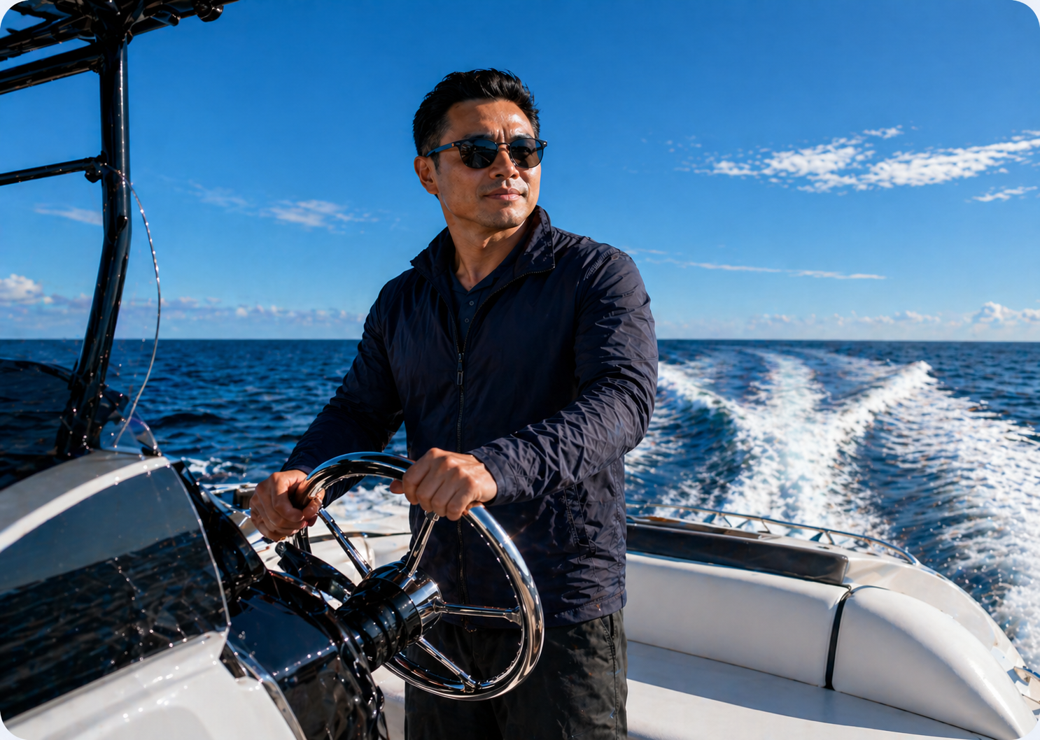 Man steering boat image