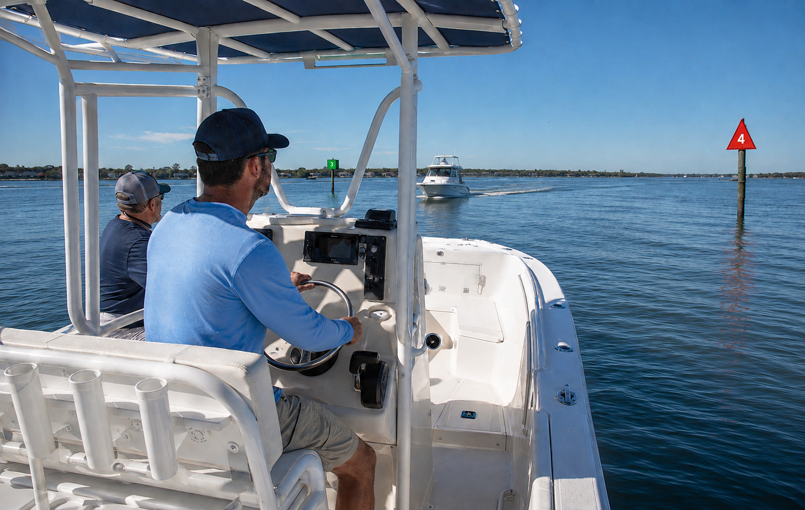 A white center-console boat on blue water with two people aboard, one steering under a blue canopy. Another boat and a red navigation marker are visible in the background under a clear blue sky.