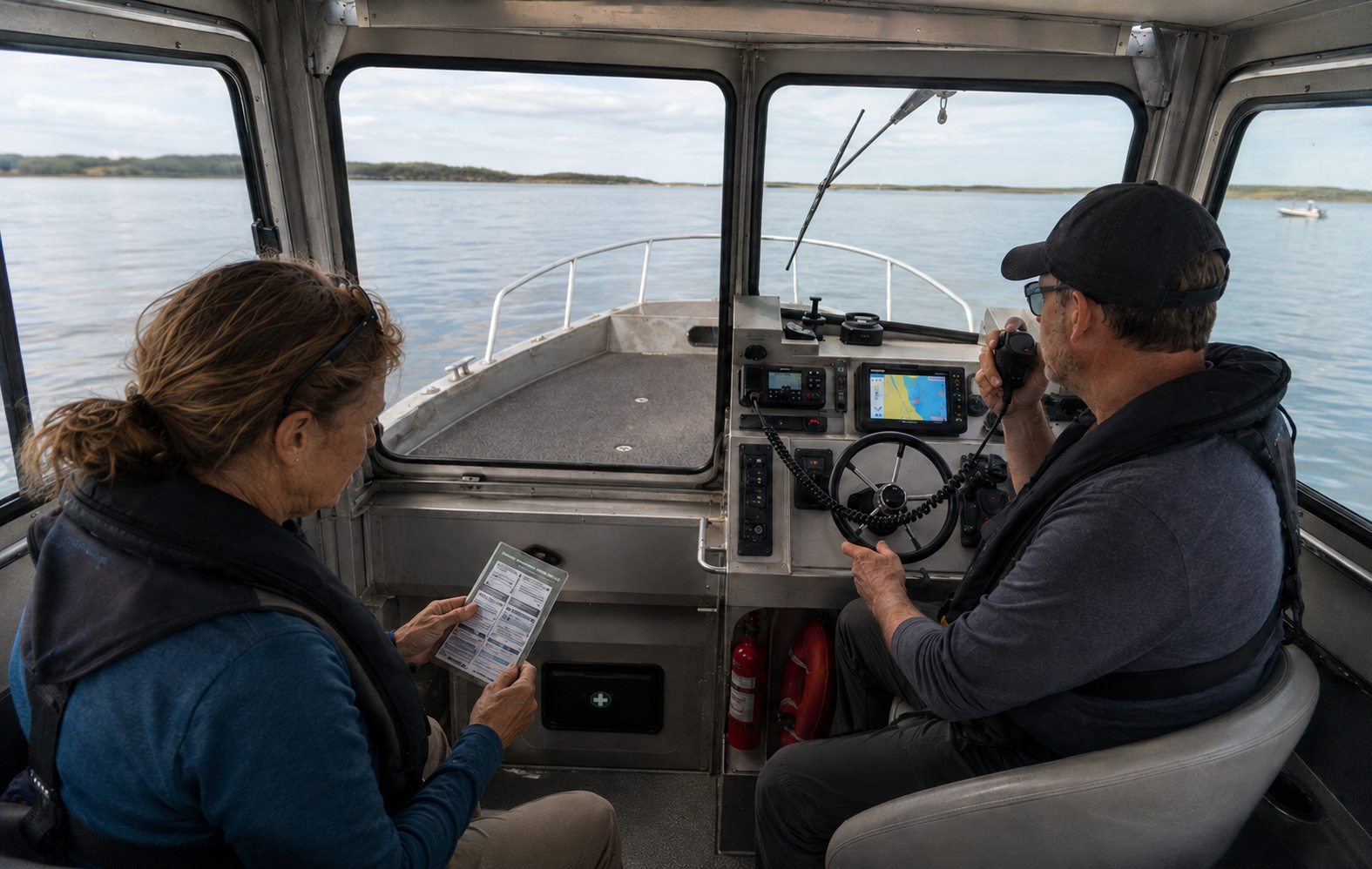 A man and a woman inside the cabin of a boat, with the man steering the vessel and the woman looking at a handheld device. The background shows open water and distant land under a cloudy sky.