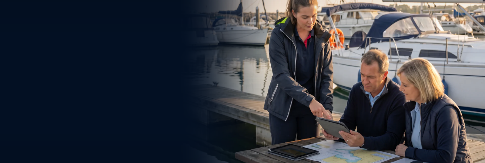 People on the dock worlikn on a chart  banner image