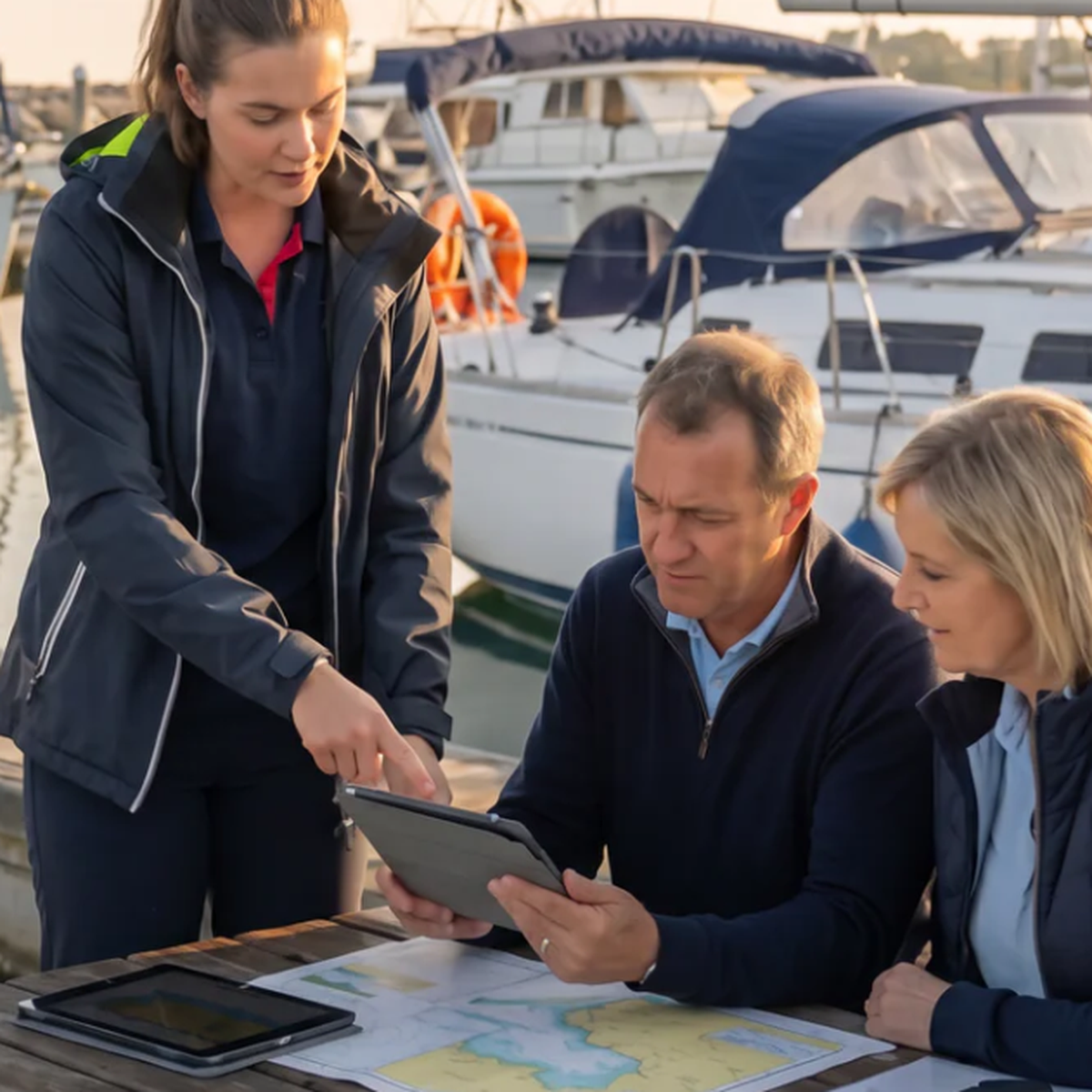 People on dock with chart and lap top image