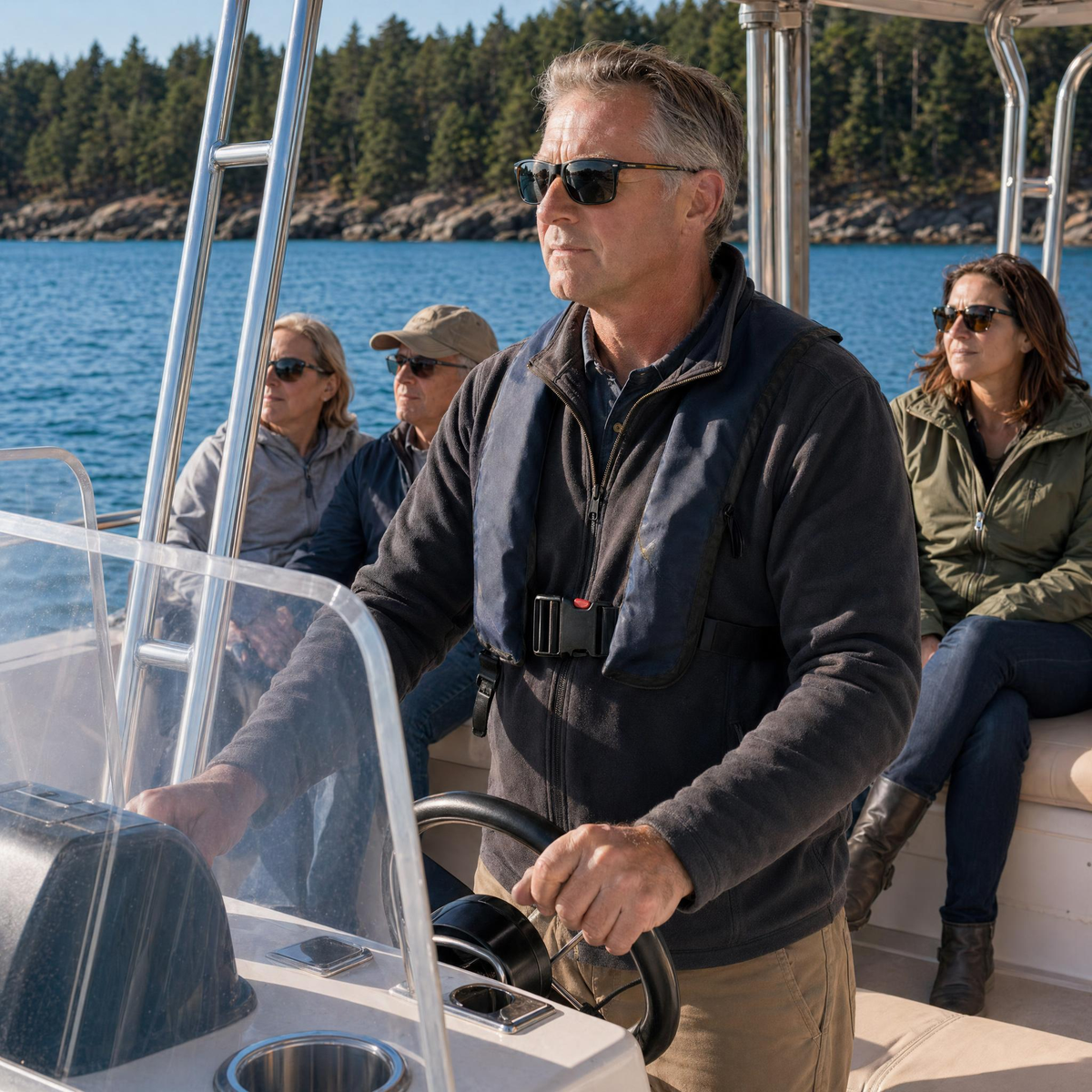 Man driving Boat with passengers image