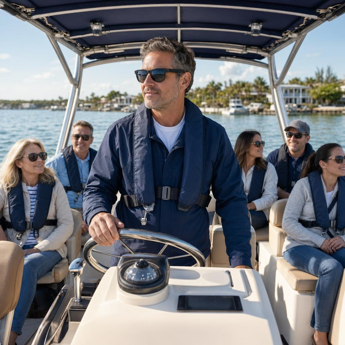 Man driving a boat with passengers image