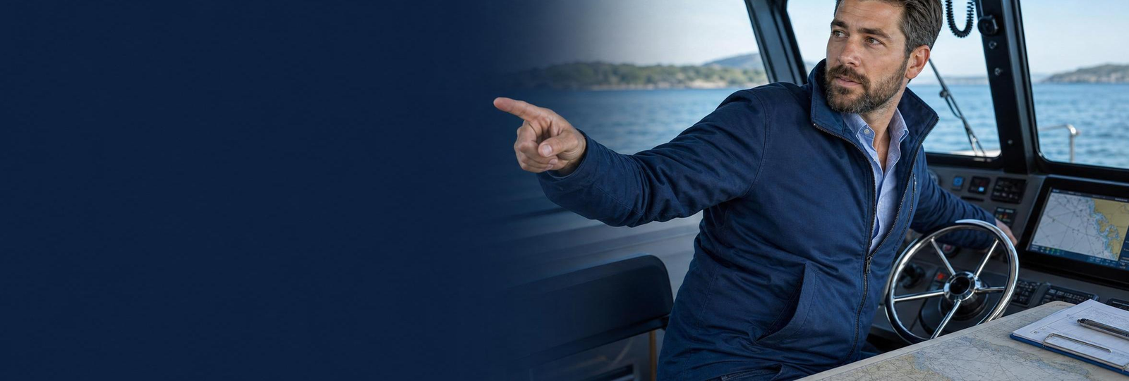 Man on boat pointing back banner image