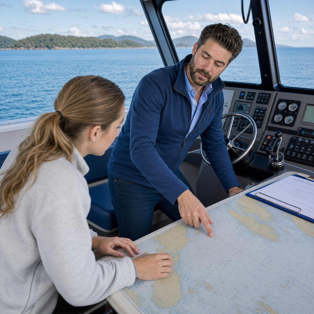 Man and woman looking at a chart image
