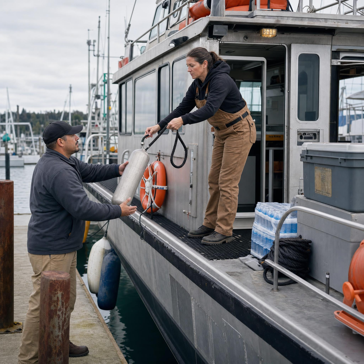 Man on dock , woman on boat image