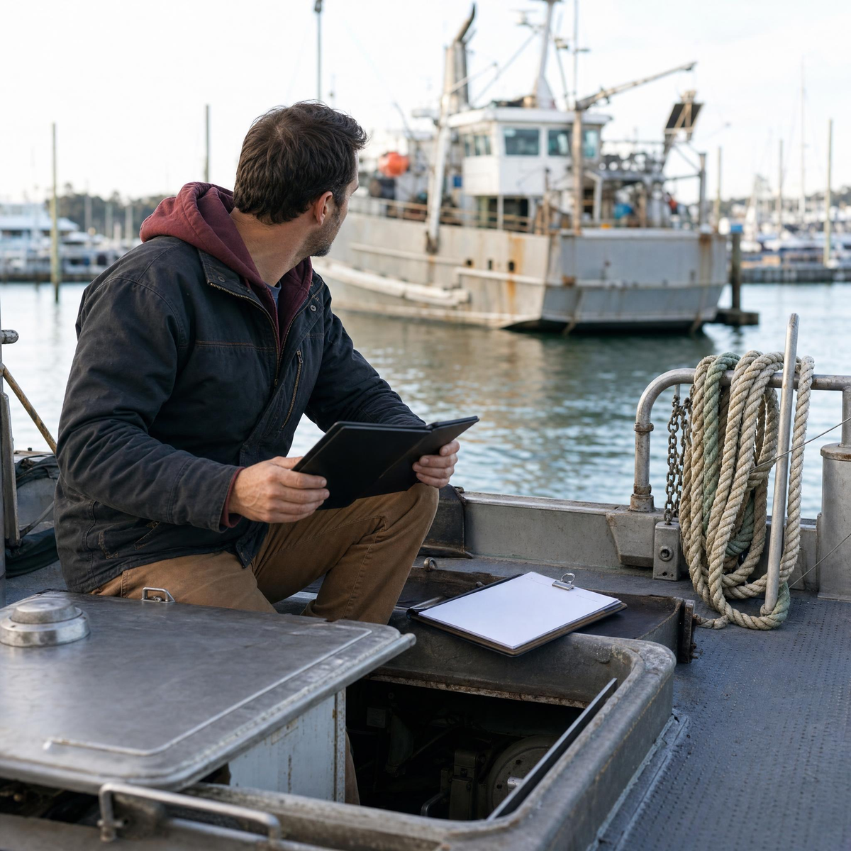 Man on boat watching another larger boat image 